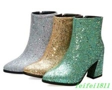 Women's Sequins Glitter Ankle Boots Pointed Toe Mid Heels Zip Party Dress Shoes
