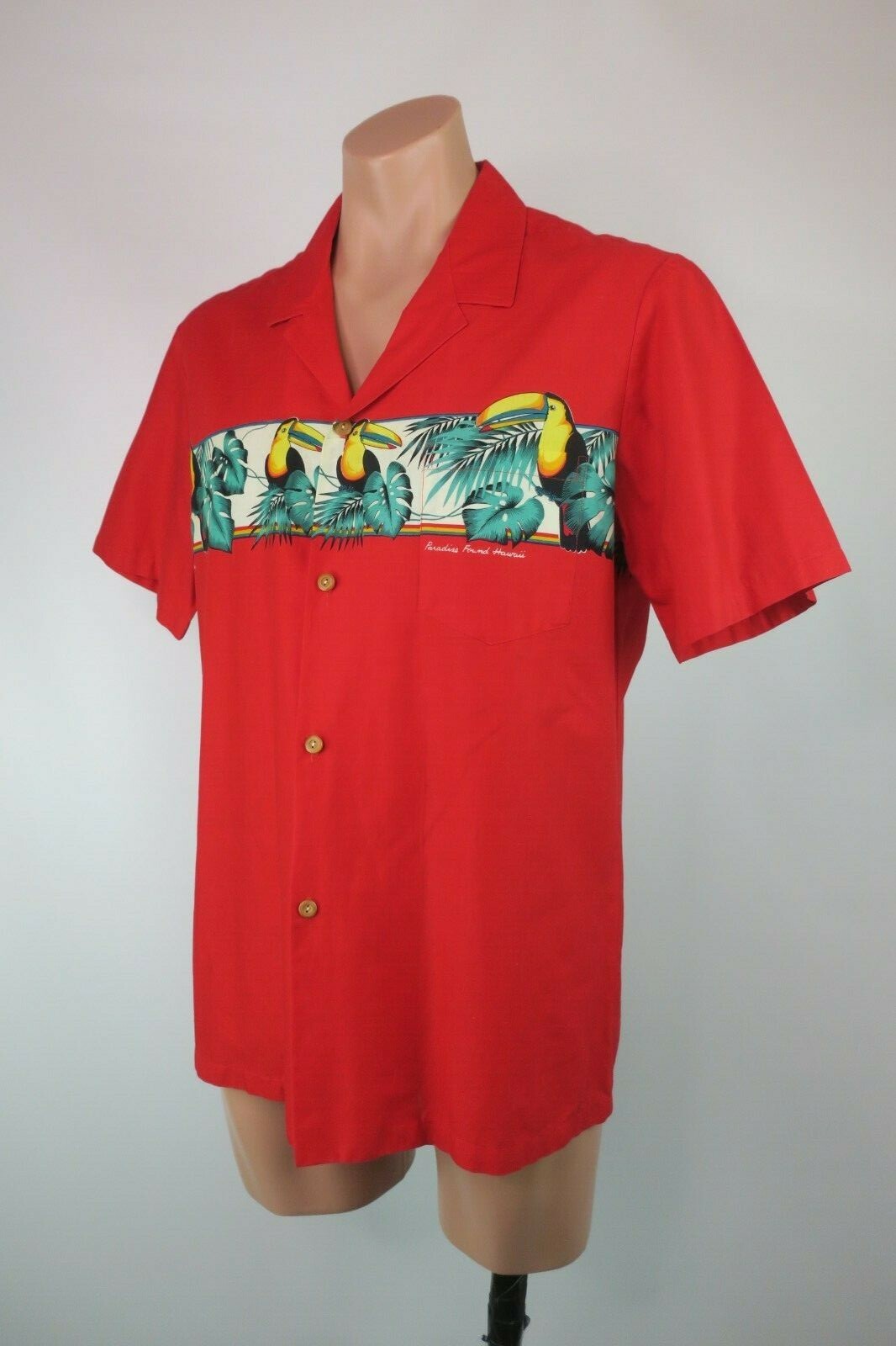 Red Vintage Tom Selleck Magnum P.I. Hawaiian Toucan PARADISE FOUND Button Up L