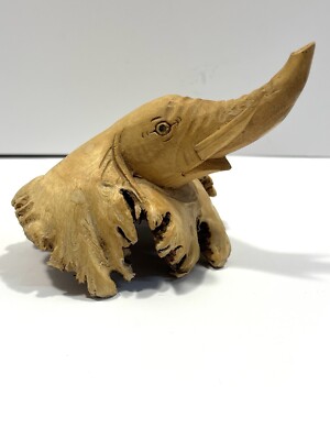 Unique Vintage Wooden Elephant Head Sculpture Burl Knot Folk Art READ