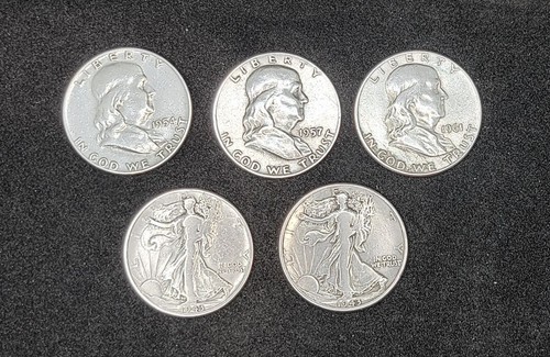 Franklin & Walking Liberty Silver Half Dollar Coins F-VF With Mixed Dates