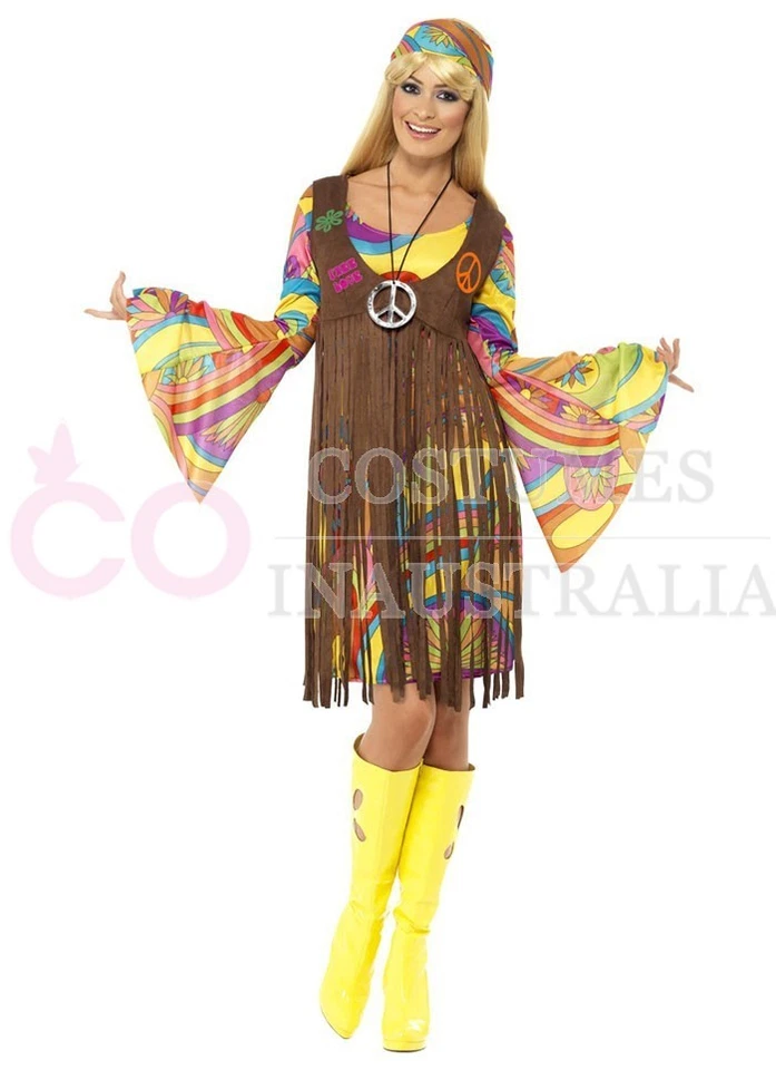 Damas 1960 Retro Groovy Disfraz Hippie Hippy Dama 60s 70s Disco Vestido Elegante Foto 2 de 4