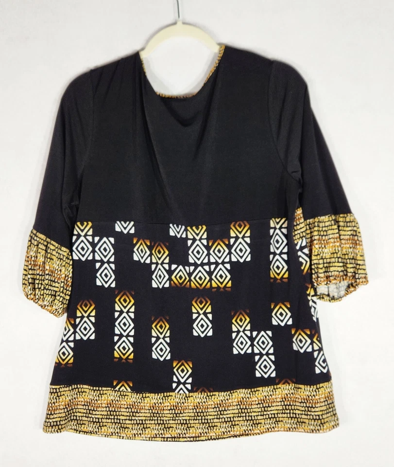 Top para mujer Liz & Co talla XL estampado dorado y negro manga 3/4 tejido elástico Foto 2 de 4
