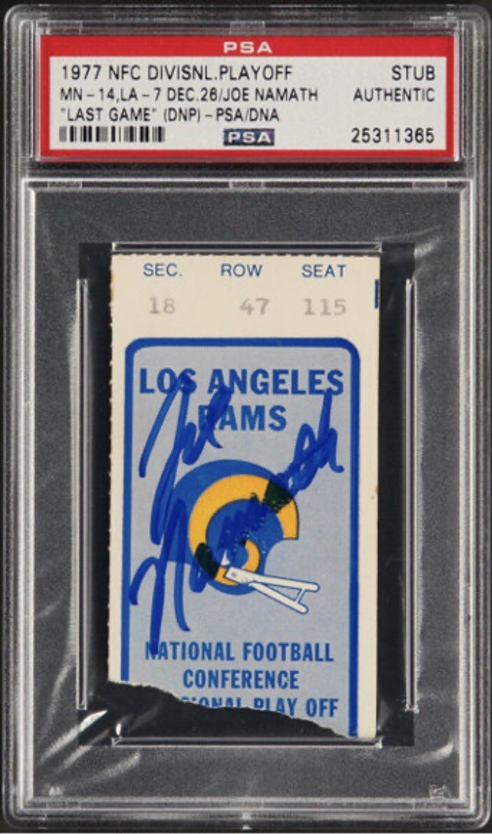 Joe Namath Autographed Signed Minnesota Vikings 1977 LAST NFL GAME TICKET STUB 12/26/77 RAMS/VIKINGS POP1 PSA 