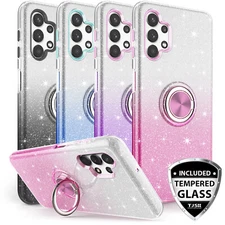 For Galaxy A32/A03S/A02S/A12 5G Ring Case Glitter TPU Bling Cover+Tempered Glass