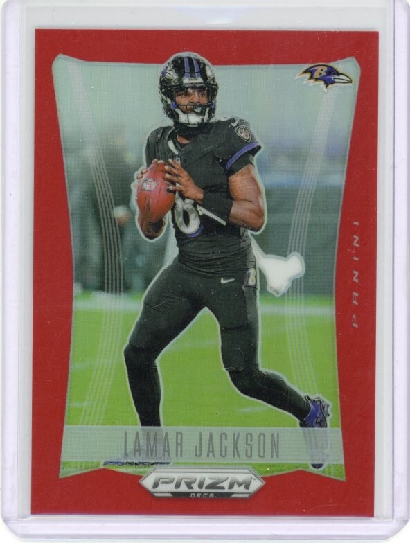 Lamar Jackson Red /199: 2024 Panini Prizm Deca Football. Baltimore Ravens QB