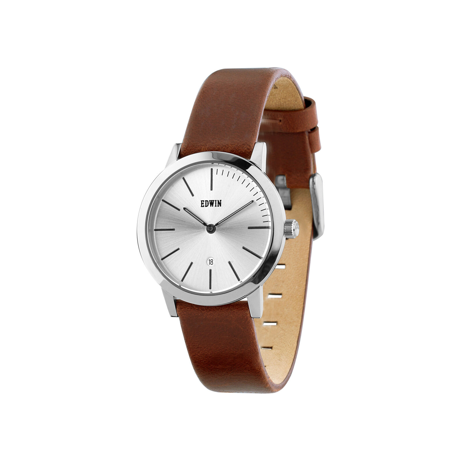 Edwin KENNY Women's 2 Hand-Date Watch, Stainless Steel Case, Brown Leather Band