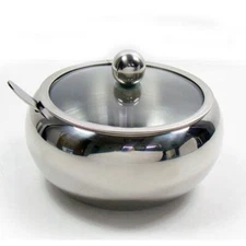 Stainless Steel Sugar Bowl With Glass Lid and Spoon