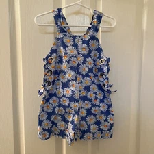 Zara Girls Floral Daisy Romper with Side Grommets Criss Cross Tie Blue Size 5
