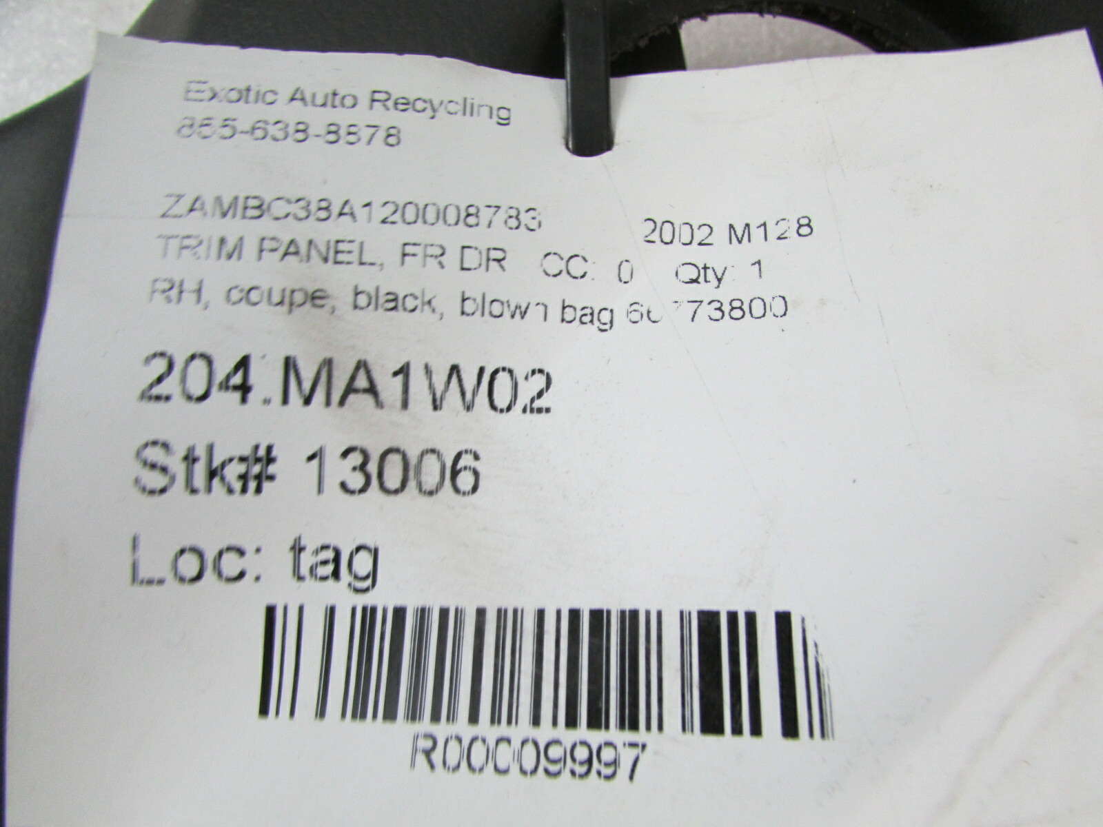 Maserati Coupe, RH Door Inside Door Panel, Black, Dmg, P/N 66773800