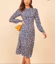 Reformation Port Dress Lolita Knee Length Blue White Long Sleeve Crew Neck 0 XS