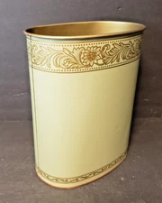 Floral Metal Waste Basket Trash Can Beige Gold Cream JV Reed Co U.S.A. Vintage