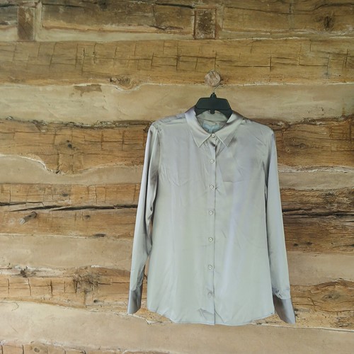 Antonio Melani Women's Blouse Long Sleeved Collared Stretch Silk Silver Medium