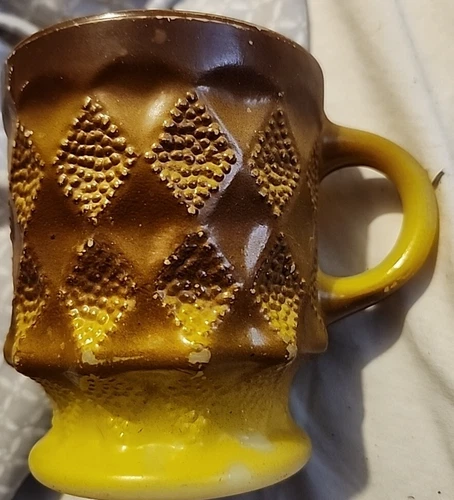 Vintage Fire King Kimberly Diamond Mug Brown Yellow Anchor Hocking USA Retro MCM