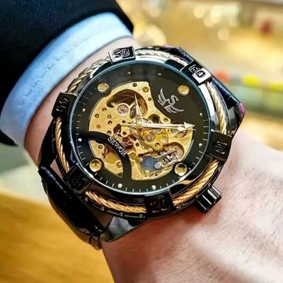Sewor Men's Black Gold Skeleton Automatic Wristwatch with Leather Strap