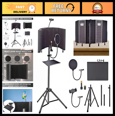 Microphone Isolation Shield with Pop Filter & Stand, Foldable Soundproof Cover f