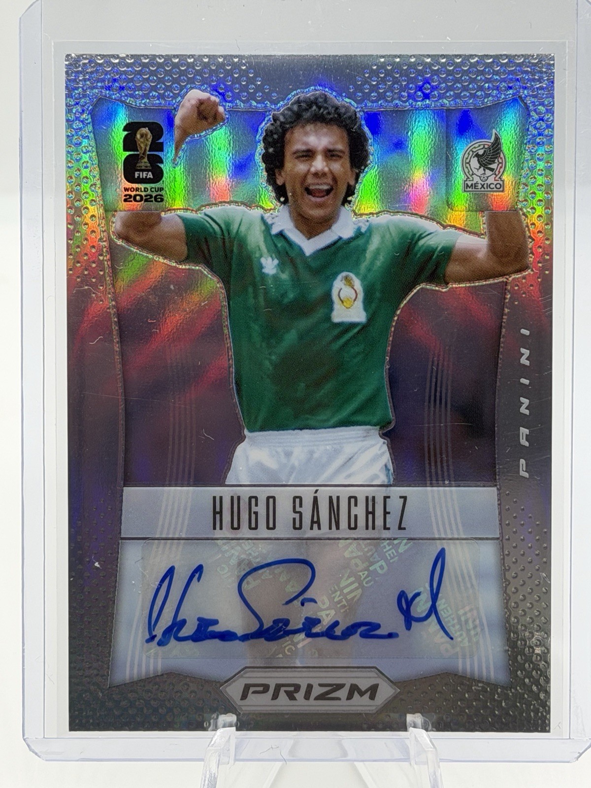 2026 Panini Prizm World Cup Hugo Sanchez Refractor Auto /7 Legend MEX Throwback view 1