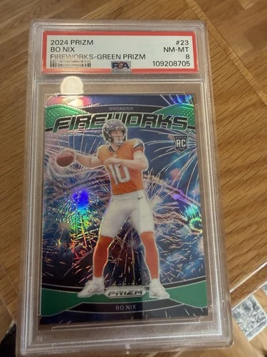 2024 Panini Prizm - Fireworks Bo Nix #23 Green Prizm (RC) PSA 8