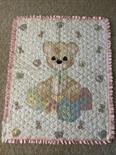 1998Precious Moments Baby Blanket Quilt Bear Blocks Eyelet Trim Reversible D4 