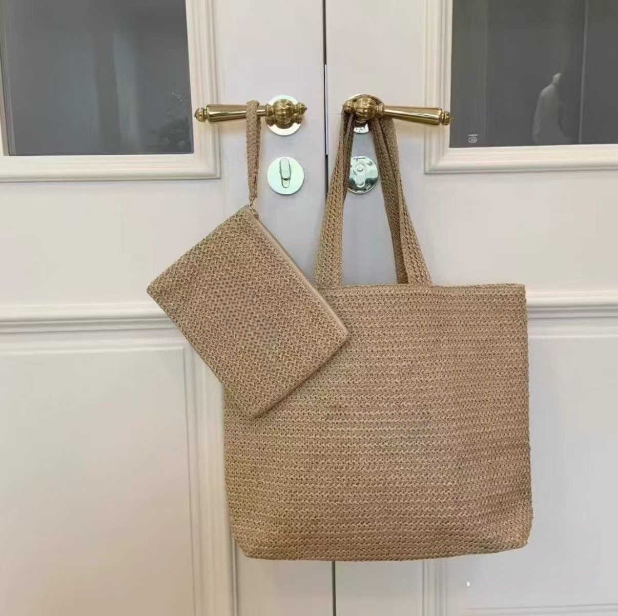 GWP Beige Straw Tote Bag & Pouch fits DIOR Beauty Summer Woven Beach Handbag