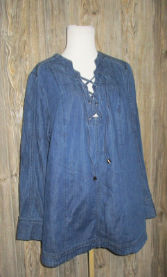 Denim 24/7 Womens Sz 18W Denim Tie Lace-Up Neckline Long Sleeve Top Boho Peasant