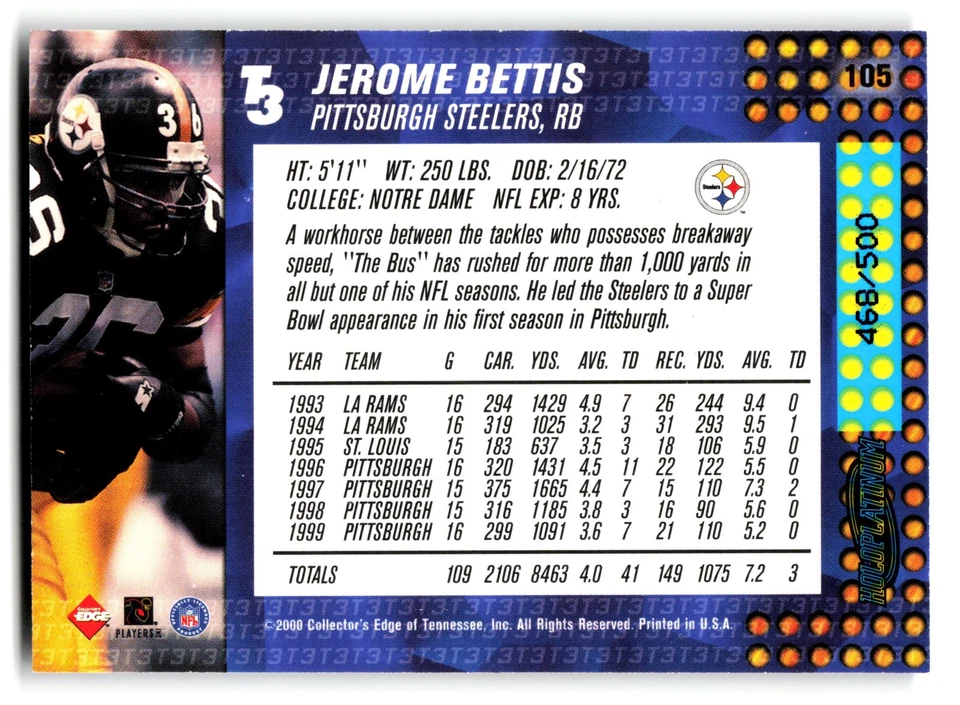 2000 Collector's Edge T3 - HoloPlatinum Jerome Bettis #105 /500 Steelers - Image 2 of 2