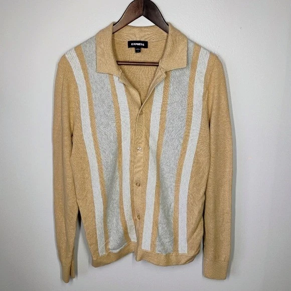 Express Stripe Button Down Sweater Polo Men Small Beige Neutral Cardigan Preppy - Image 2 of 4