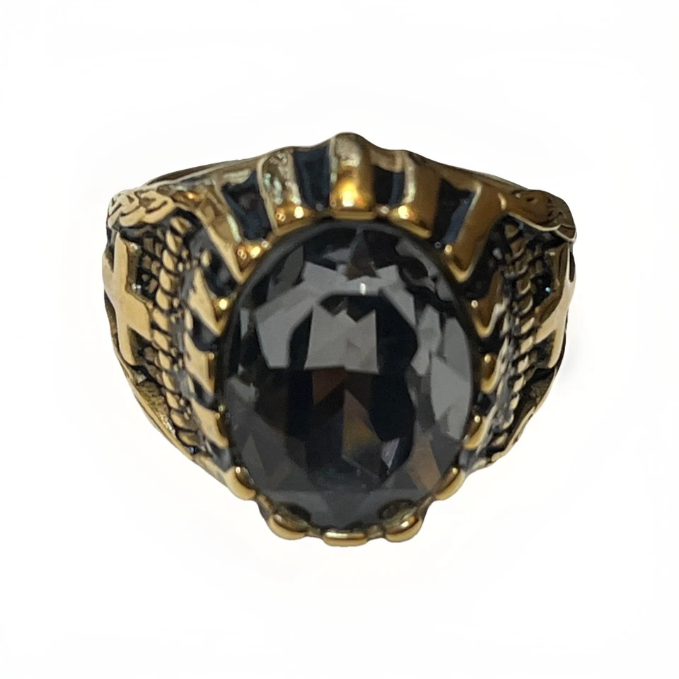 AnthonyJacobs stainless steel gold plated cross ring size 11 dark grey crystal - Image 2 of 4