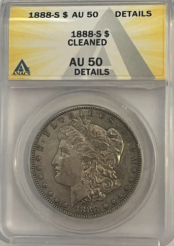 1888 S Morgan Silver Dollar $1 Coin.  ANACS AU 50 Details.  Cleaned.  KEY DATE