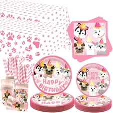Dog Party Decorations Pink Puppy Paw Birthday Tableware Set 40 Guests