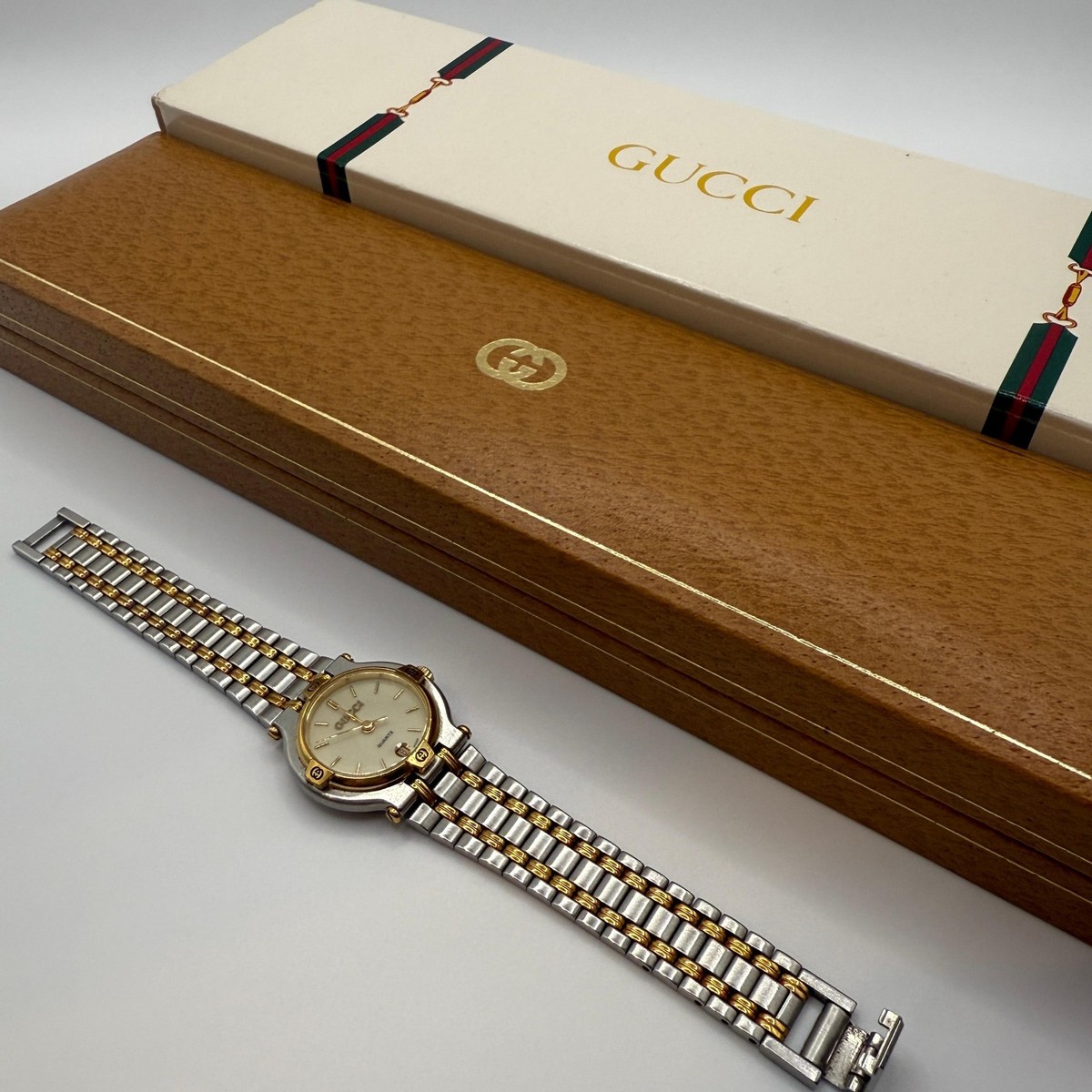 Near Mint w/Box] Gucci 9000L Two Tone Steel Gold Dial Quartz Watch