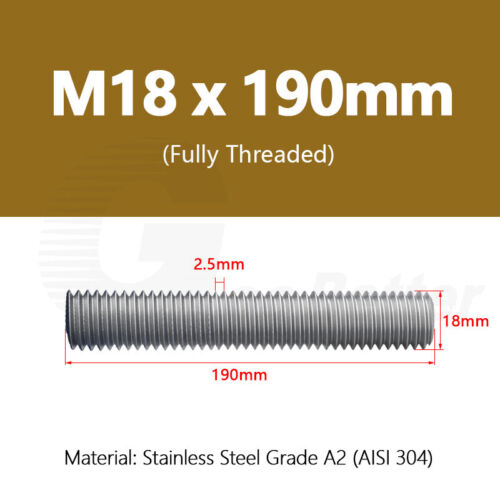 M18 Fully Threaded Bar Studding Screw Rod DIN 976 A2 Stainless Steel 50mm-250mm - Picture 35 of 37