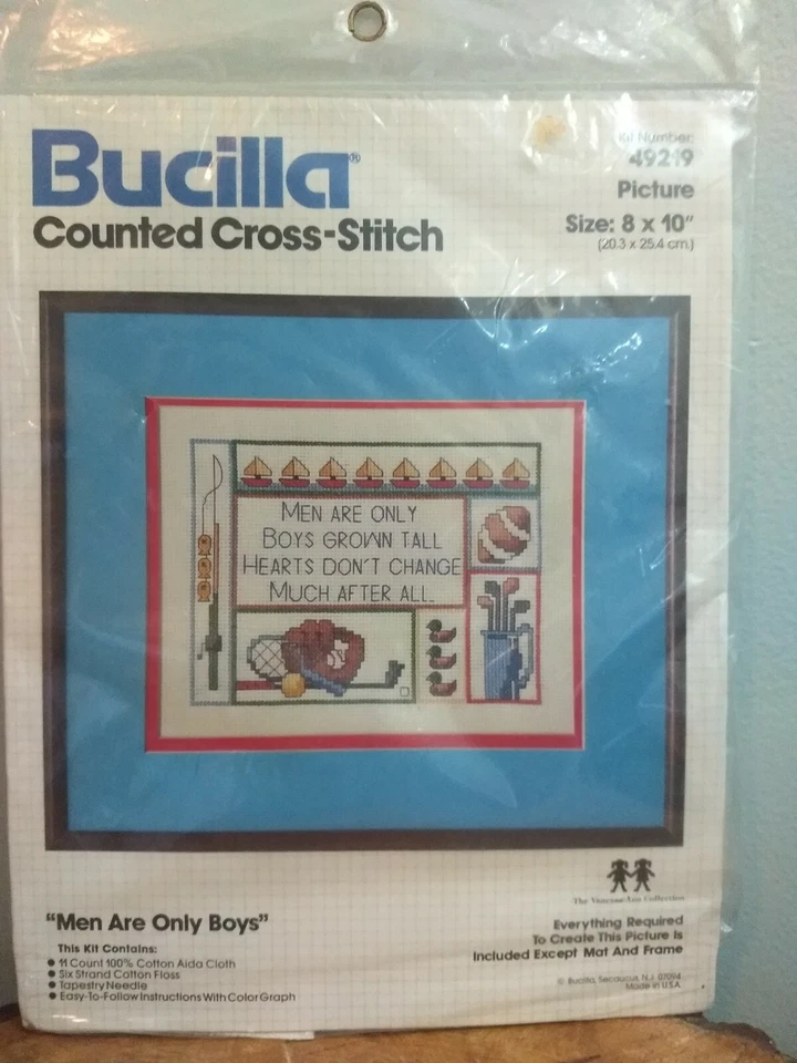 NIP Bucilla Counted Cross Stitch Kit Men Are Only Boys 49219 - Image 2 of 3