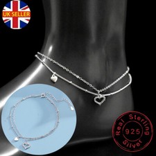 925 Sterling Silver Womens Adjustable Ankle Bracelet Heart Anklet Foot Chain UK