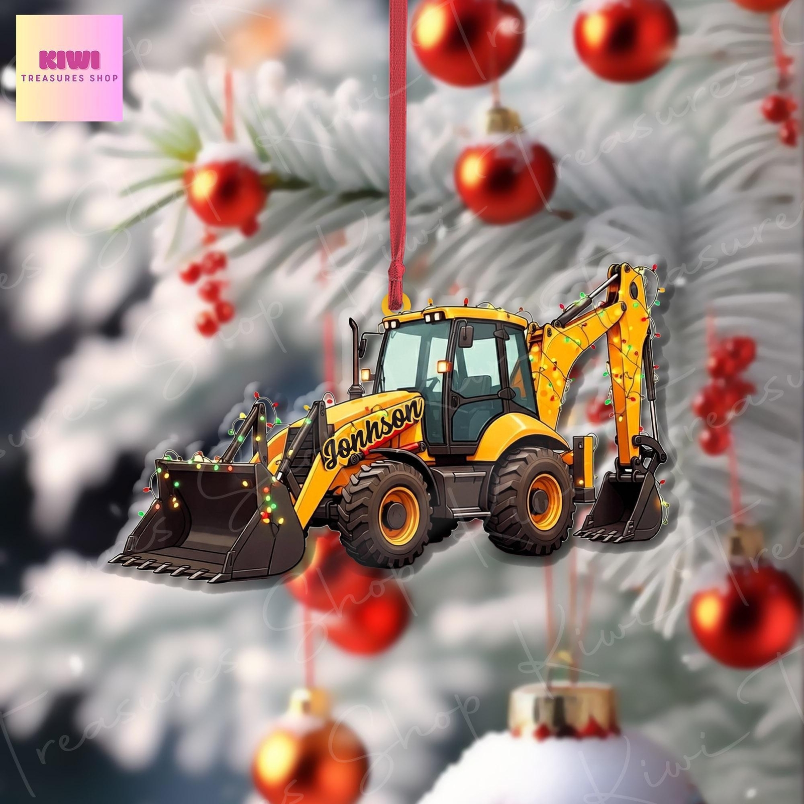 Personalized Backhoe Christmas 2D FLAT Ornament  Xmas Tree Decoration  Custom