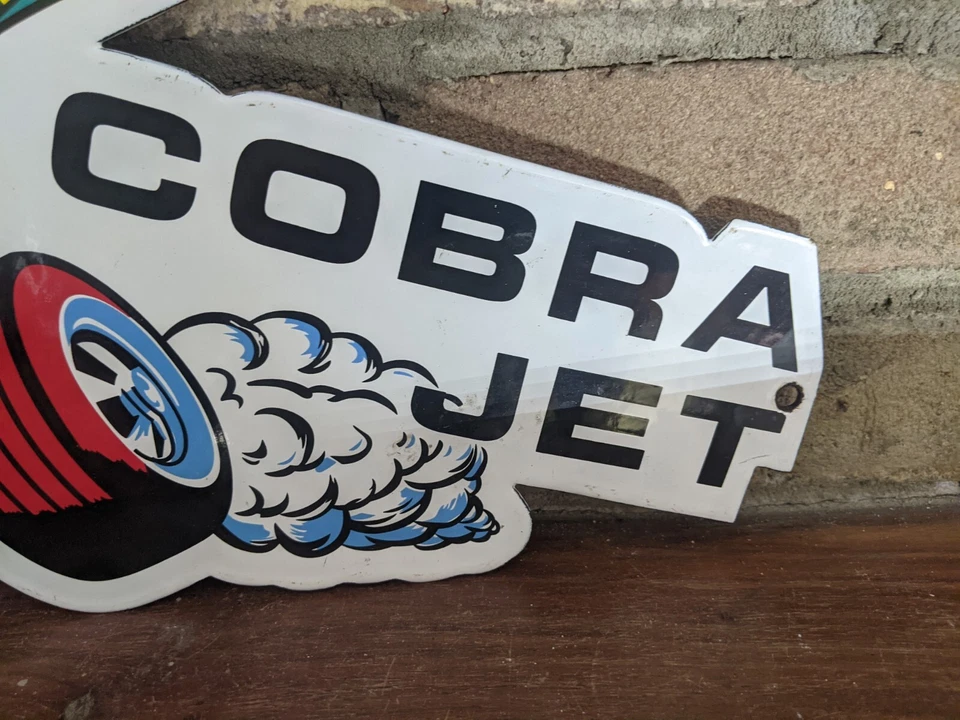 VINTAGE FORD COBRA JET DEALER PORCELAIN DEALERSHIP SIGN DIE-CUT 12" X 9" - Image 4 of 4