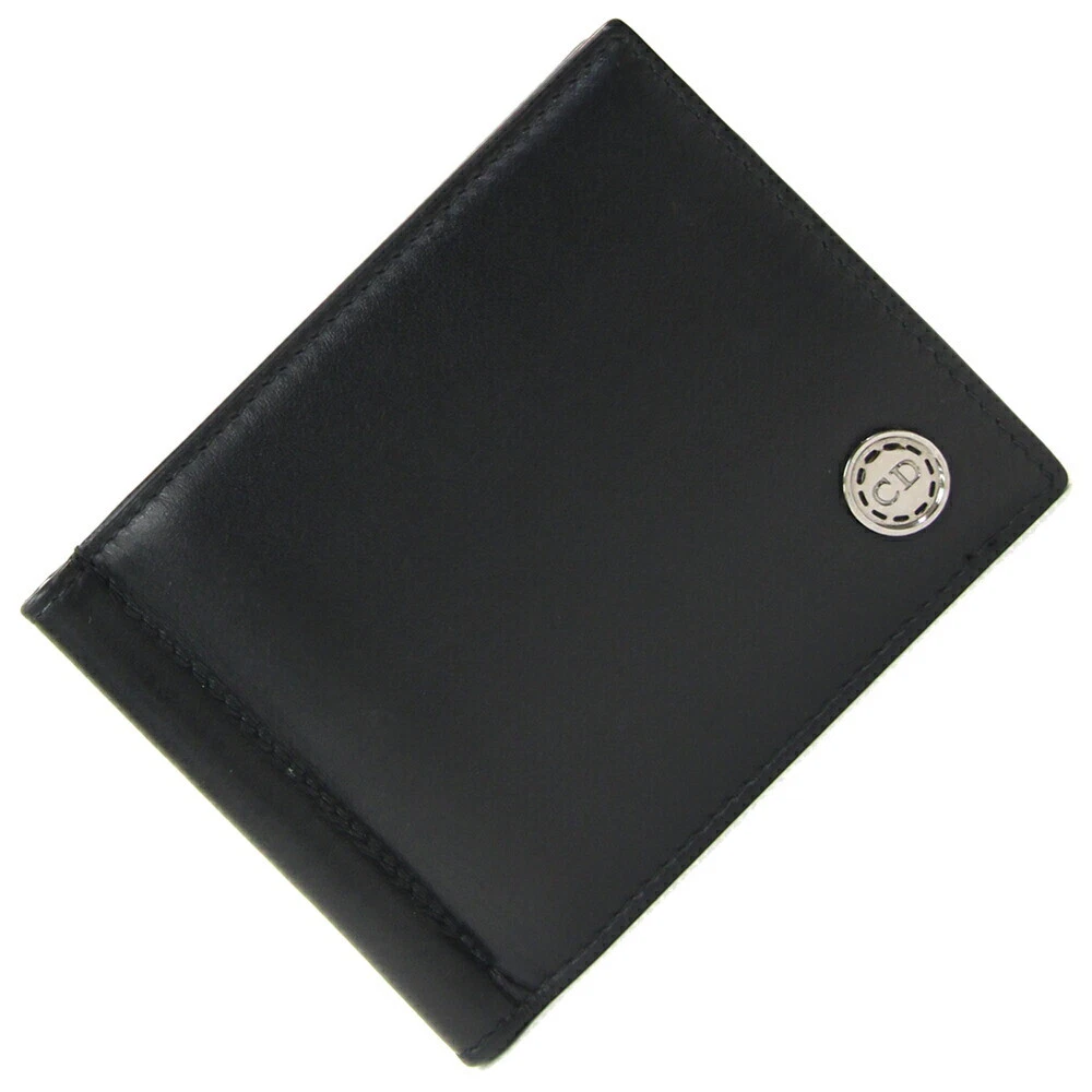 Dior Pince à Monnaie Bifold Cuir Noir Occasion Compact Portefeuille Porte Billets Logo