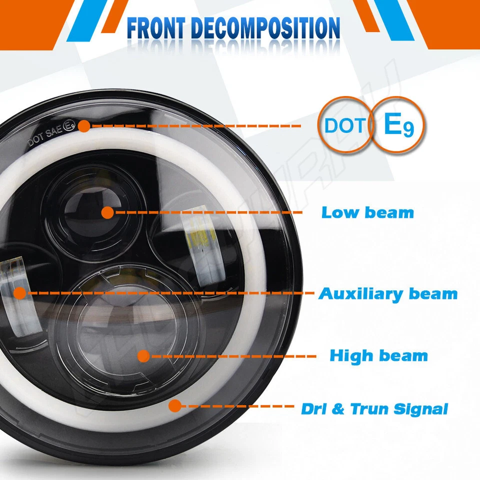 Black 7inch Round Led Headlight Sealed Beam Hi/Lo for Dodge D100 D200 300 Pickup - Image 2 of 4