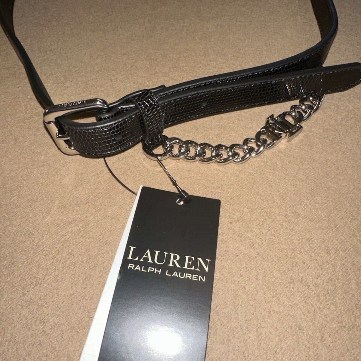 LAUREN RALPH LAUREN Womens Logo-Chain Lizard-Embossed Skinny Leather Belt Large LAUREN RALPH LAUREN Womens Logo-Chain Lizard-Embossed Skinny  main image 4