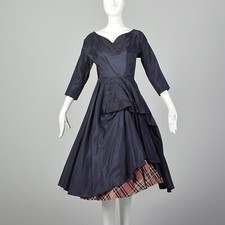 XS 1950s Dress Navy Blue Taffeta Ful A-line Red Tartan Plaid Skirt Pinup 50s VTG