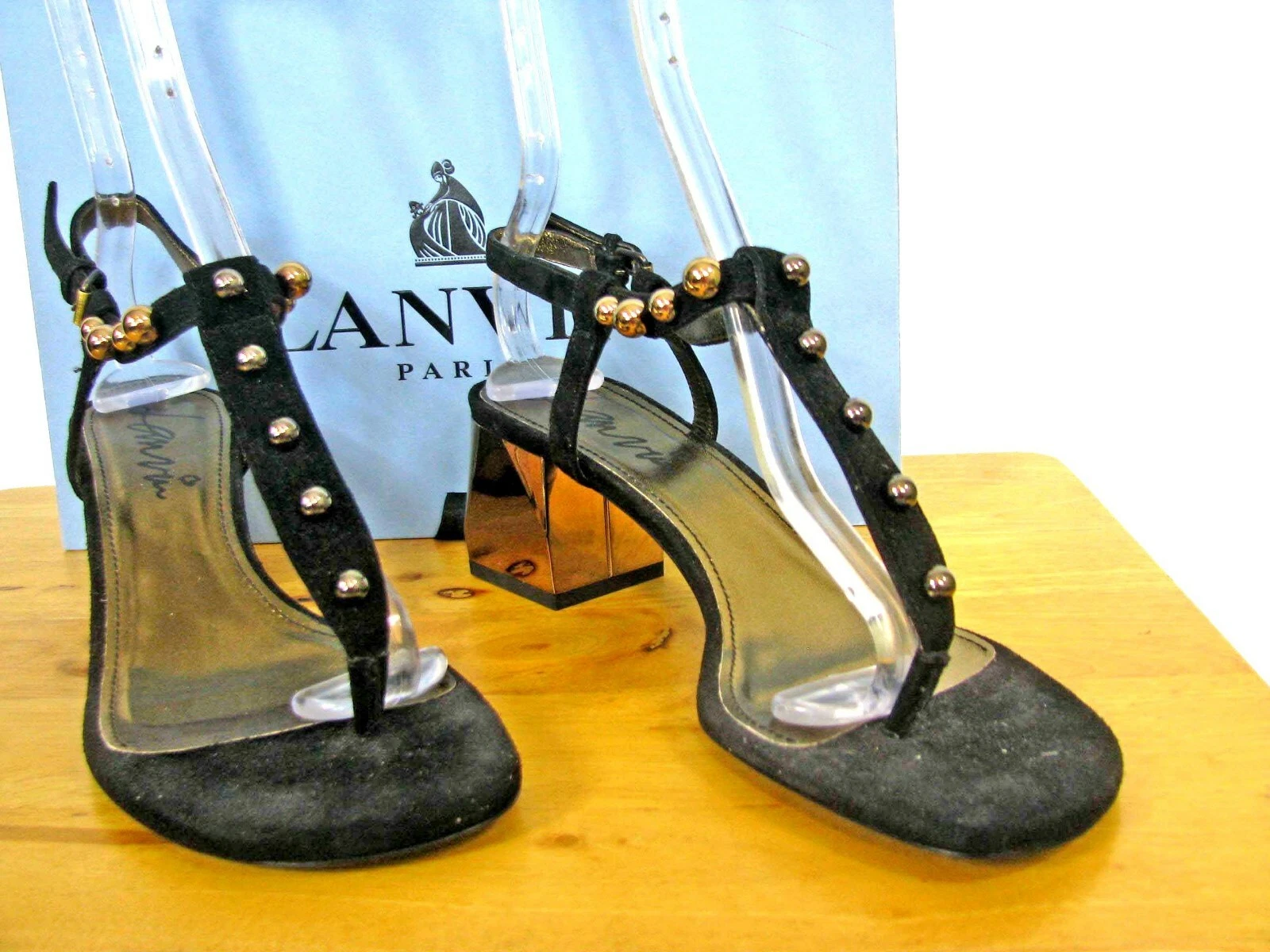 Lanvin — $790 NIB LANVIN  T-Strap Suede, Black Gunmetal Gold Studded Sandal size 39.5