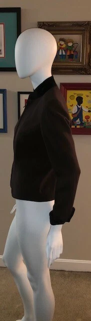 CHAQUETA DE LANA MARRÓN CHRISTIAN DIOR VINTAGE RIBETE TERCIOPELO NEGRO CREMALLERA FRONTAL EE. UU. TALLA 6 Foto 3 de 4