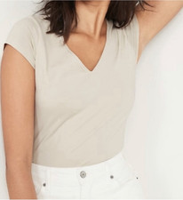 Old Navy Women's Beige V-Neck Short Sleeve Bodysuit L Stretch Snap