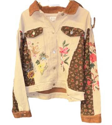 POL Beige Brown Embroidered Floral Patchwork Button Short Jacket Women's S