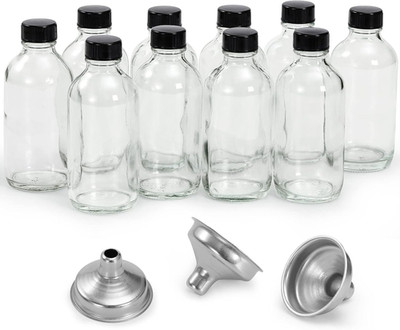 10 Pack, 4 Oz Small Clear Glass Bottles W/Lids & 3 Stainless Steel Funnel - 120M