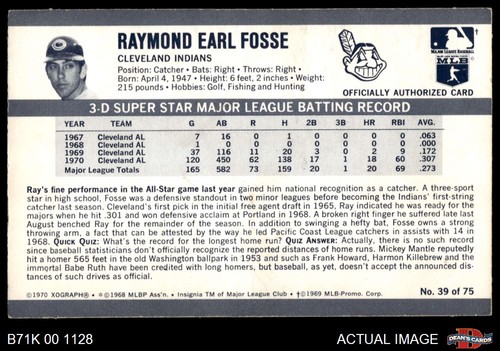 1971 Kellogg's #39 Ray Fosse  Indians 6 - EX/MT - Afbeelding 2 van 4