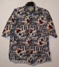 VTG 80's HAWAIIAN Shirt Munsingwear Floral Trees Village Cotton L Aloha tropic