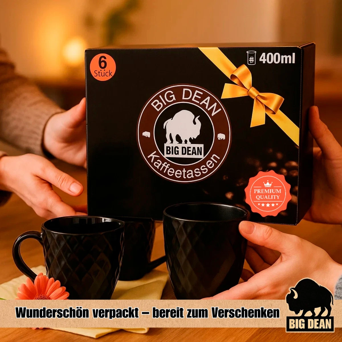 6x Hochwertiges Kaffeetassen Set 400ml schwarz matt Kaffeebecher Keramik