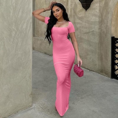 Rosa gerippt Schnürung hinten Kurzarm U-Ausschnitt langes Maxikleid Gr 12/14