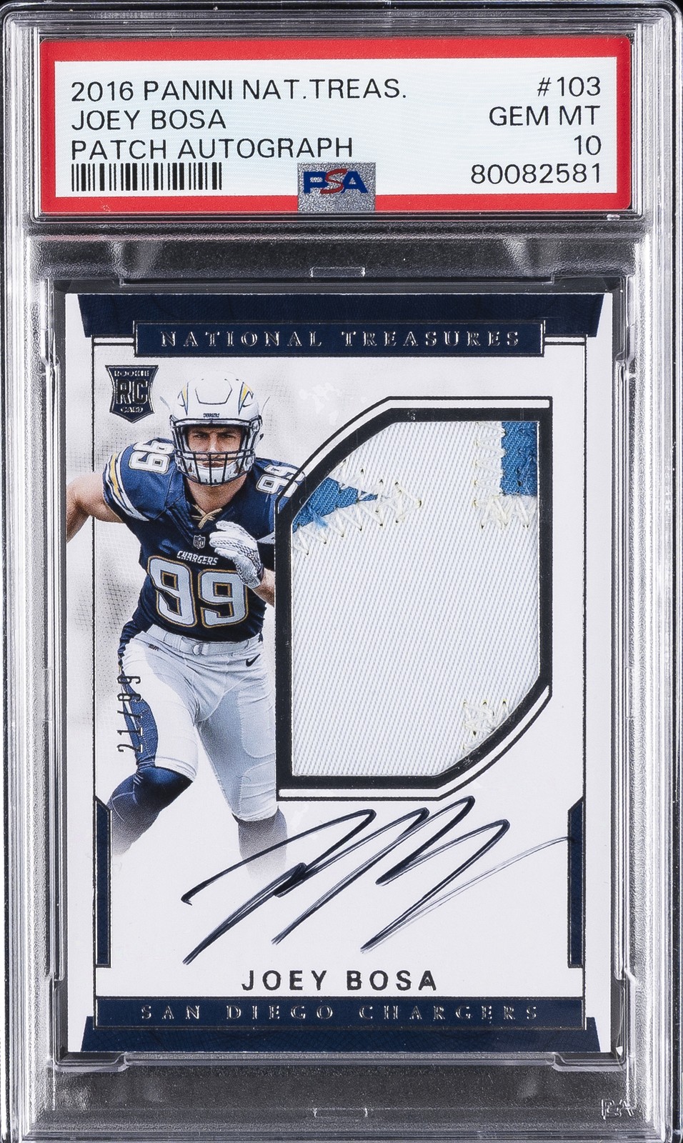 2016 NATIONAL TREASURES PATCH AUTO #103 JOEY BOSA ROOKIE RC 21/99 PSA 10