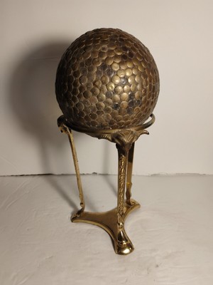Vintage MCM Brass Three Rams Head Stand W/Wooden 5 Inch Orb Ball W/Copper Studs